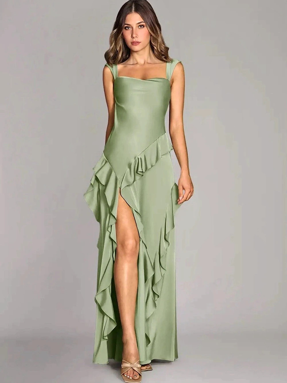 Sage Green Ruffle Maxi Dress Like New